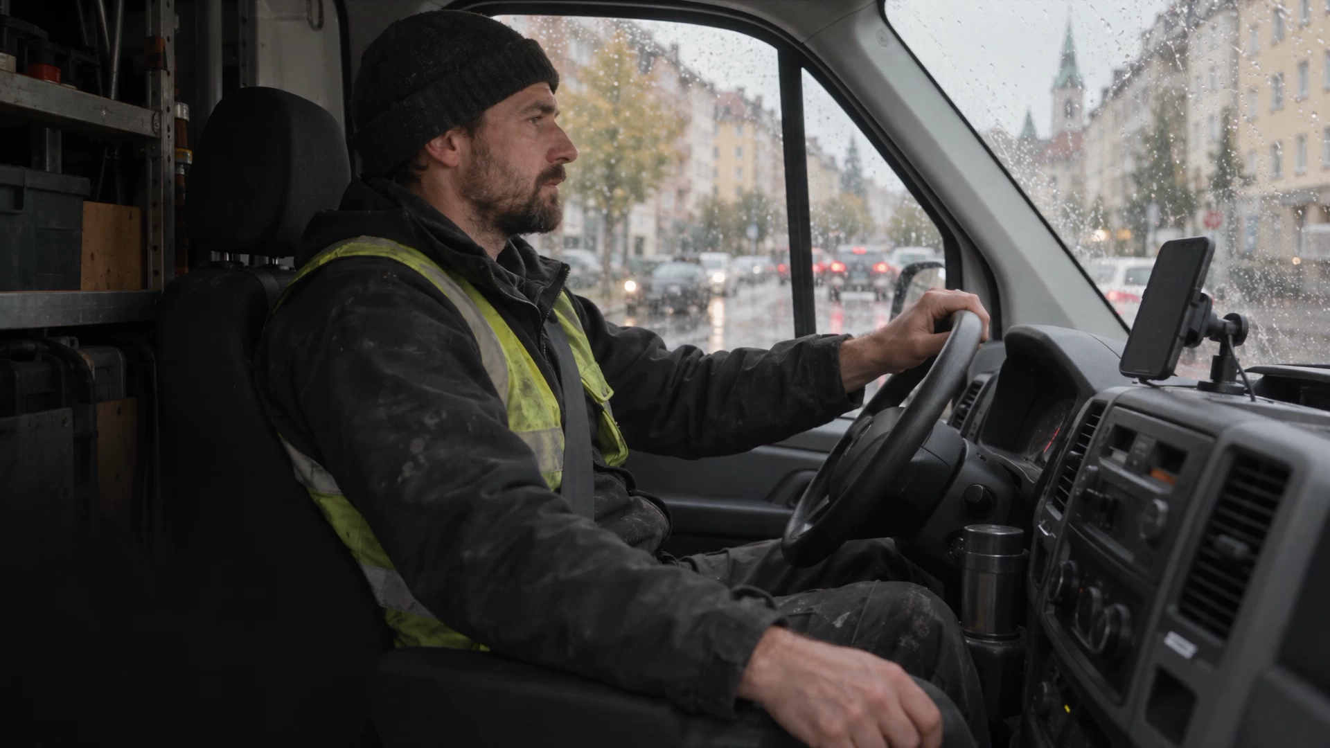 Handwerker im Arbeitswagen bei Regen. Das Telefon ist am Armaturenbrett befestigt.