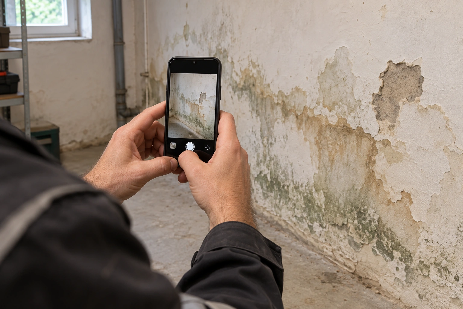 Eine beschädigte Wand wird mit dem Smartphone fotografiert.